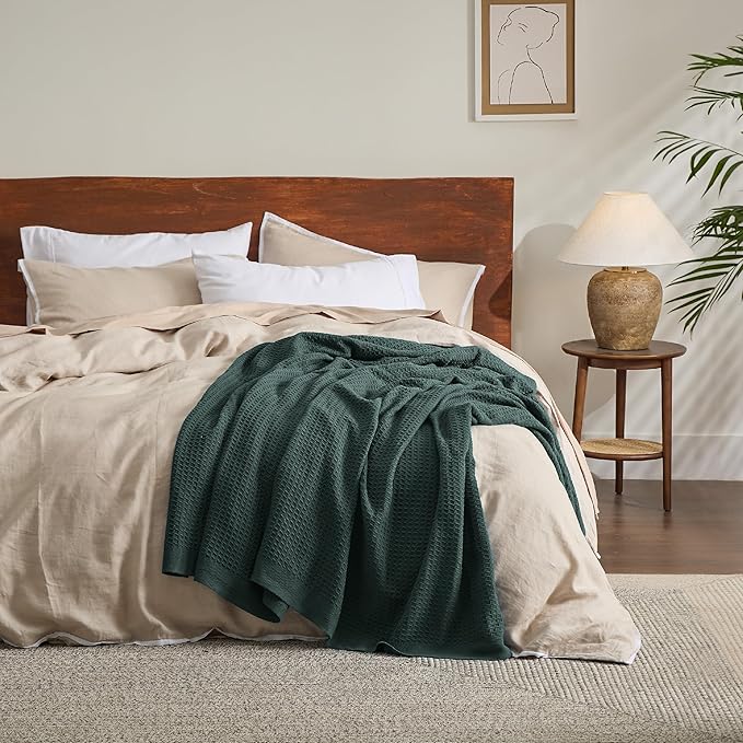 Bedsure Gentlesoft 100% Cotton Blanket Twin XL Size for College Dorm - Breathable and Soft, Waffle Weave Twin Blanket for Summer, Dorm Room Essentials, Dark Green, 66x90 inches