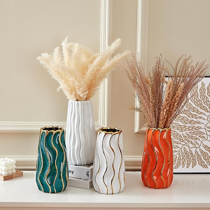 Ceramic Vase, Orange Vase for Home Decor,Decorative Flower Vase, Vertical Stripe Ceramic Vases for Home Décor, Bedroom, Office, Living Room, Bathroom, Tabletop Decor, Centerpiece (Orange)