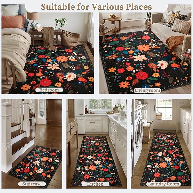 Tangsoo 5x7 Area Rug for Living Room Bedroom, Non Slip Machine Washable Boho Floral Rug, Low Pile Large Floor Carpet Indoor Mats for Kids Room, Farmhouse, Dining Room, Office(Black)