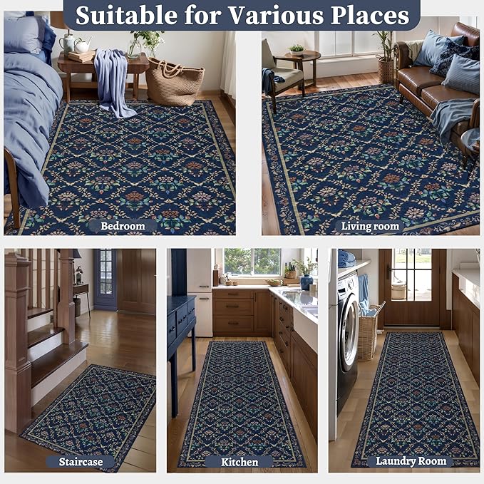 Tangsoo 5x7 Washable Area Rug, Non Slip Blue Floral Indoor Rug, Soft Low Pile Floor Carpet for Living Room, Bedroom, Dining Room, Pet & Child Friendly Room Decor, Easy to Clean