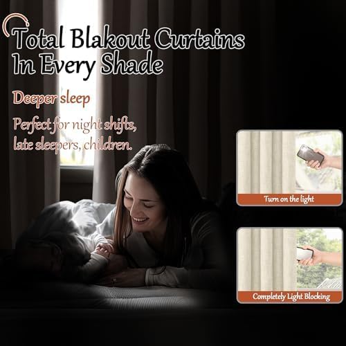 Lajode Blackout Curtains 54 Inch Length 2 Panels for Bedroom, Thermal Insulated Total Light Blocking Noise Reducing Linen Window Curtains for Farmhouse, Bronze Grommet, Natural, Each 52" Wide