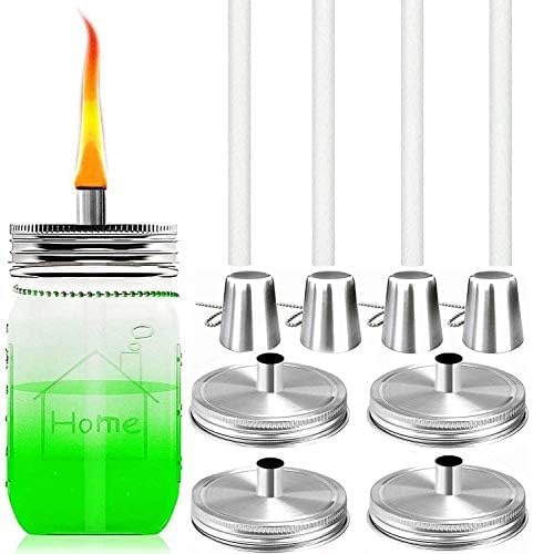 Yitee Mason Jar Tabletop Torch Kits,4 Pack Longlife Fiberglass Wicks,Stainless Steel Mason Jar Lids Caps Included,Outdoor Deck Oil Lamp Torch,Home Party Decor (Wide Mouth)