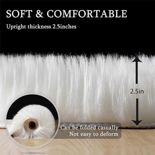 Faux Fur Rug Runner 2x6 ft White - Machine Washable Super Soft Plush Shaggy Fluffy Area Carpet,Sheepskin Rug Fuzzy Floor Mat for Bedroom, Sofa,Living Room, Bedside, Nursery & Kids Room