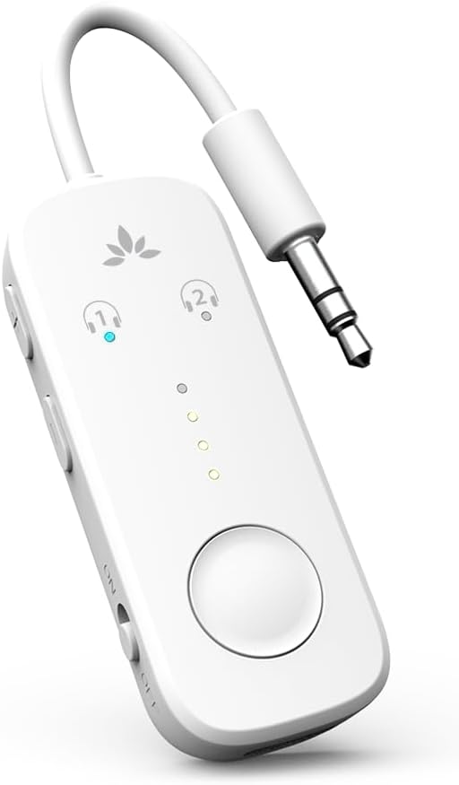 Avantree Relay - Premium Airplane Bluetooth Adapter with Advanced Qualcomm Chipset, 2 Headphones Support, 25hrs Play Time, aptX Adaptive & HD Audio Transmitter for Airpods, Bose & Travel Flight