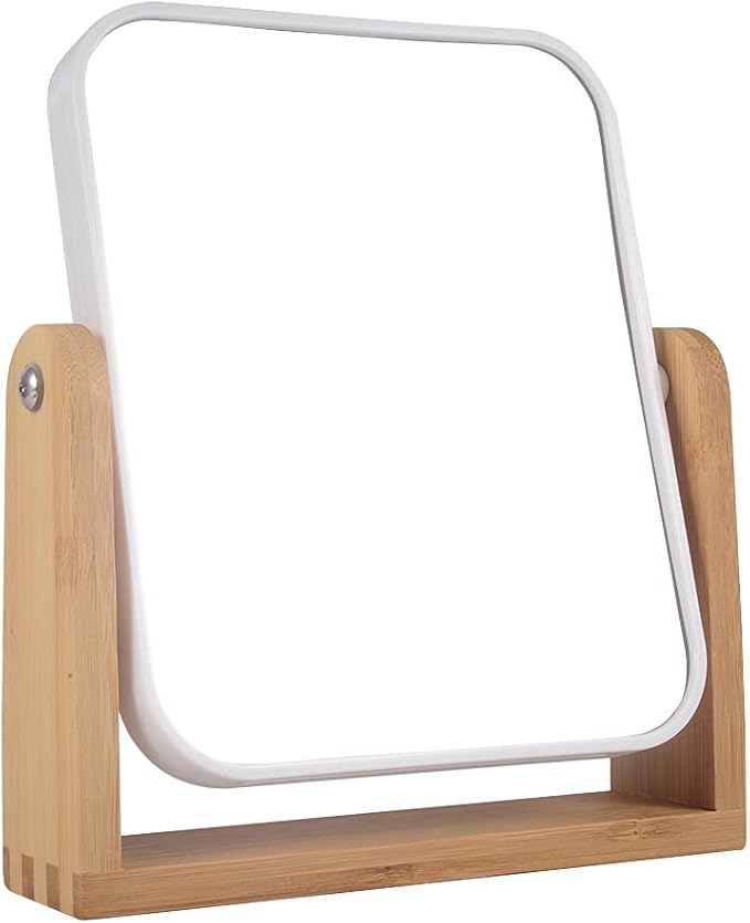 Makeup Mirror with Natural Bamboo Stand, 1X/3X Magnification Double Sided 360 Degree Swivel Magnifying Mirror,Vanity Table,Office Desk,Room Decor, Beauty Gifts(Square)