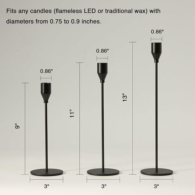 Solid Taper Candle Holders Set of 15 Bulk, Modern Matte Black Long Skinny Candlestick (Heights: 9/11/13 Inch), Heavy Iron Anti-Slip Base for Modern Fireplace Mantle Table Centerpiece Decor