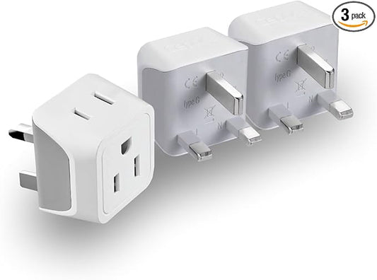 Ceptics UK, Hong Kong, Ireland Travel Adapter Plug - Light Weight - Dual USA Inputs - Type G - Safe Grounded Perfect for Cell Phones, Laptops, Camera (3 Pack) - Ultra Compact - Use in Dubai, Ghana