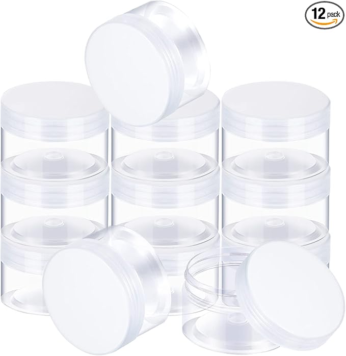 SATINIOR 12 Pack 2 oz Plastic Container Jars with Lids Round Clear Travel Cosmetic Container Slime Jars for Toiletries, Lotion, Cream, Ointments, Makeup, Rhinestone, Samples, Kitchen Storage(Clear)