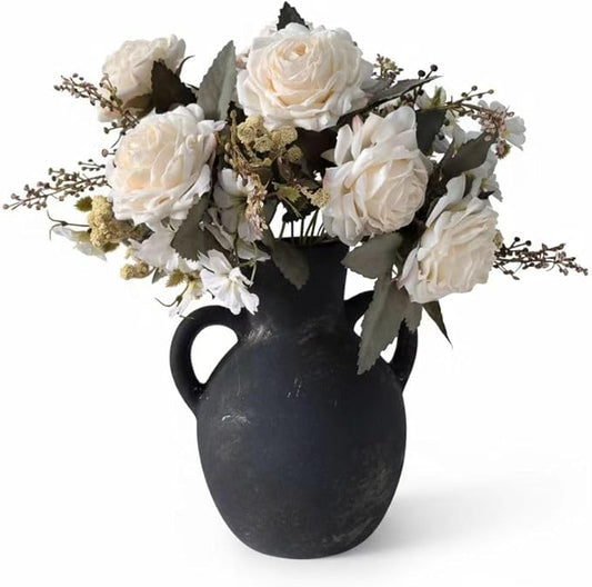 Retro-Style vase, Artificial Faux Flower Bouquet for Home Decor Indoor Fake Bouquet Faux Floral Arrangements Dining Table Centerpieces for Kitchen((Black)