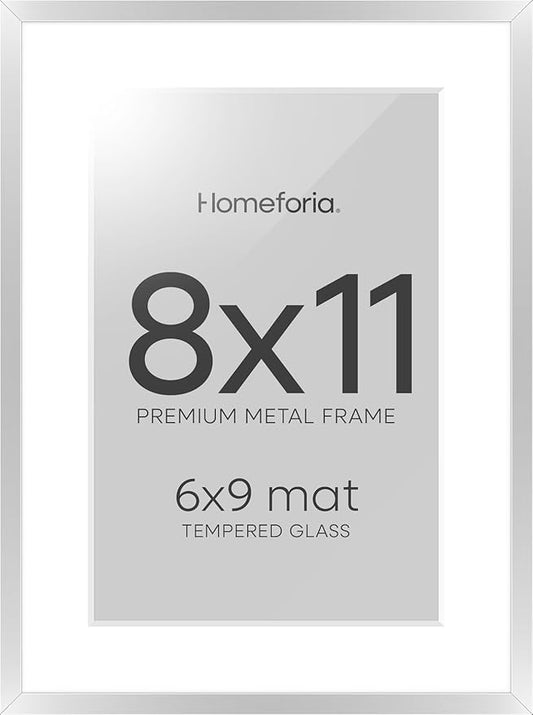 Homeforia Silver 8x11 Picture Frame, High End Metal 8 x 11 Poster Frames with Mat 6 by 9 for Photo, 11x8 Frame Matted to 6x9 inch Art, 8by11 Wall or Tabletop Frames, Tempered Glass, Wall Kit, Set of 1