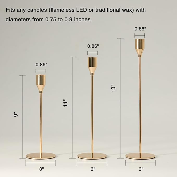 Solid Taper Candle Holders Set of 6, Champagne Gold Long Skinny Candlestick (Heights: 9/11/13 Inch), Heavy Iron Anti-Slip Base for Fireplace Mantle Table Centerpiece Christmas Decor