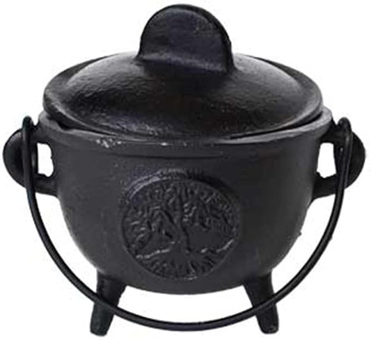 AzureGreen Home Fragrance Incense Holder Cauldrons Tree of Life Cast Iron Three Legged with Handle and Lid 5"