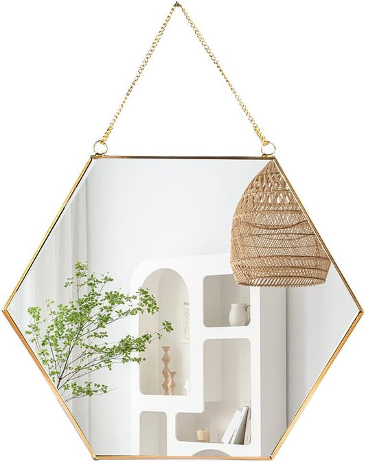 LONGWIN Hanging Wall Hexagon Mirror Decor Gold Geometric Mirror with Chain for Bathroom Bedroom Living Room 11.8"x 10.2"