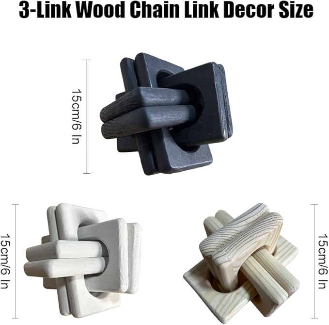 Wood Knot Chain Link Decor,6 in 3 Link Wood Knot Decor,Single or Double Links Hand Carved Decorative Links Knots Accents for Coffee Table,Bookshelf,Entryway Desk,Shelves (Double-Black)