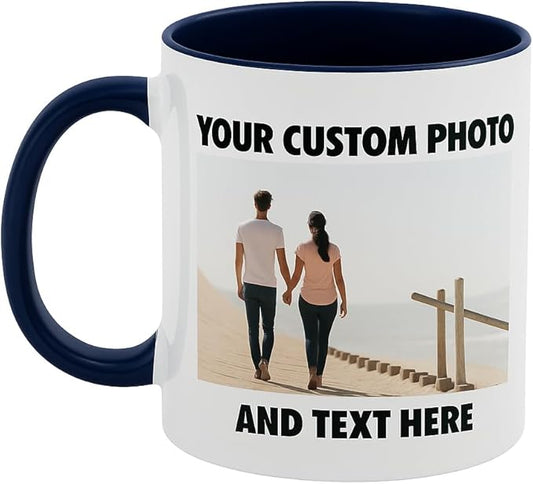 Personalized Coffee Mug | Custom Photo, Text, or Logo Cup (11oz, Navy Blue Rim, Inner, and Handle) |Dishwasher & Microwave Safe |Unique Gift for Men & Women –Taza Personalizada