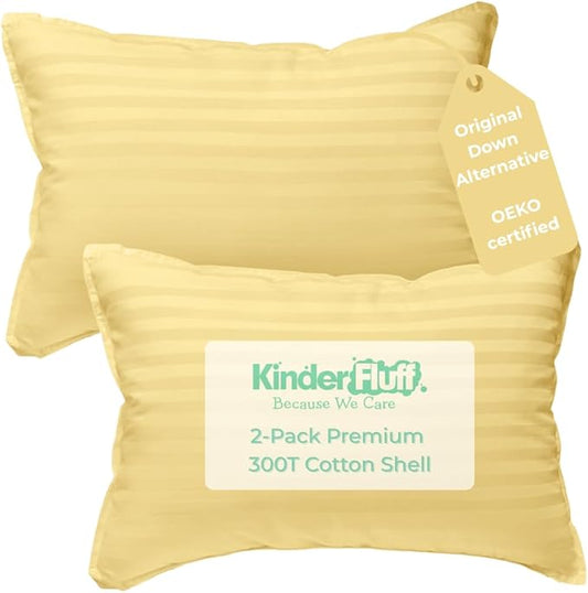 kinder Fluff Children Pillow (2Pack) 14x20in - Junior Pillows for Kids Age 4+, 100% Cotton Sateen Stripes Shell 300T, Down Alternative Fill, Machine Washable - Children & Travel Cushion - Yellow - M