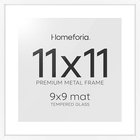 Homeforia 11x11 Picture Frame White, High End Metal 11 by 11 Square Frames with Mat 9 x 9 Opening, 11by11 Poster Frames Matted to 9x9 inch Photo, Wall Hanging Frame, Tempered Glass, Wall Kit, Set of 1