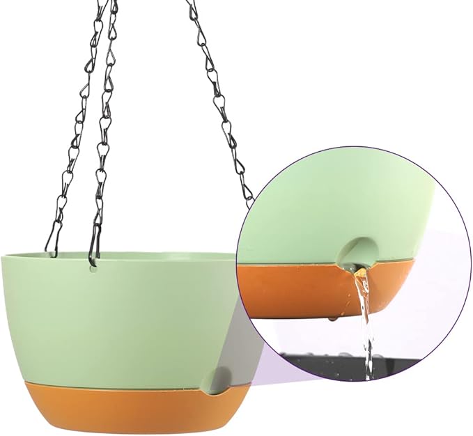 Lookat 2 Pack Plastic Hanging Planters 10 Inch Hanging Pots with Drainage Hole for Indoor Outdoor Plants, Round Hanging Basket with Removable Tray for Home Garden Porch Balcony Patio Decor