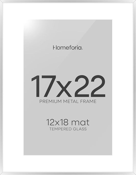 Homeforia 17x22 Picture Frame Silver, High End Metal 17x22 Frames with Mat 12x18 for Photo, 17 x 22 Silver Poster Frame Matted to 12 x 18 Print, 22x17 Hanging Frame, Tempered Glass, Wall Kit, Set of 1