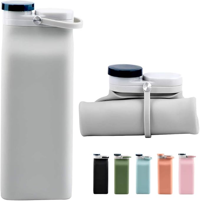 E-Senior Collapsible Water Bottle BPA Free - 20 oz Foldable Water Bottle for Travel Sports Bottles with Triple Leak Proof Lightweight (Grey)