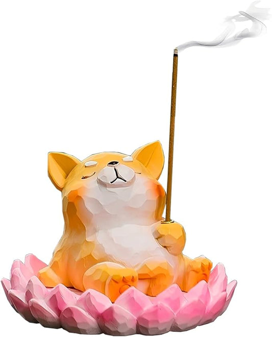 Dog Lotus Incense Holder Cute Shiba Inu Animal Figurine Incense Burner Flower Stand Ash Catcher Creative Cartoon Resin Dog Statue for Home Room Decor Meditation Yoga Spa