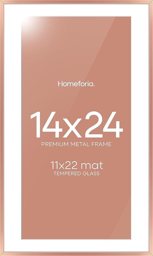 Homeforia 14x24 Picture Frame Rose Gold, High End Metal 14x24 Poster Frames with Mat 11x22 Photo, 14 x 24 Rose Gold Frame Matted to 11 by 22 Print, 24x14 Thin Frame, Tempered Glass, Wall Kit, Set of 1