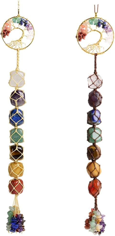 Anjiucc 7 Chakra Stone Healing Crystal Tree of Life Wall Hanging Home Interior Decoration，Window Decoration，Yoga Meditation