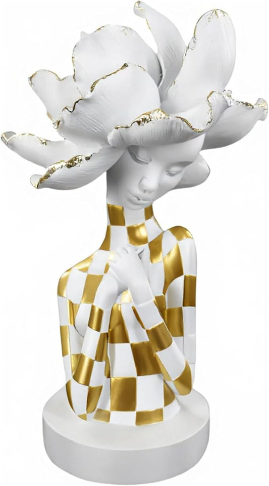 White and Gold African Woman Sculpture – Elegant Resin Figurine with Floral Headpiece, Modern African Art Statue for Home Decor, Cultural Figurine Gift for Women