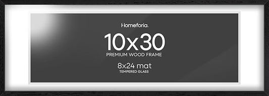 Homeforia 10x30 Black Wood Picture Frame, High End Oak 10x30 Poster Frames with Mat 8x24 Print, 10 x 30 Black Wooden Frames Matted to 8 by 24, 30x10 Panoramic Frame, Tempered Glass, Wall Kit, Set of 1
