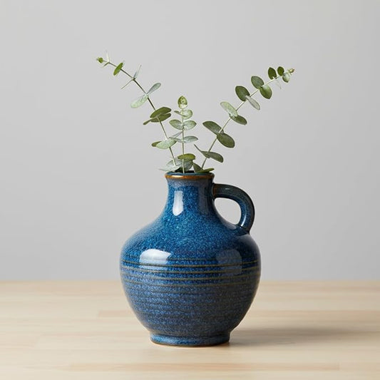 Sunddo 6 Inch Blue Ceramic Vase - Small Rustic Vases for Home Decor, Pitcher Modern Flower Vase for Bookshelf and Bathroom Decor, Nightstand, Dining, Centerpiece Table Decorations