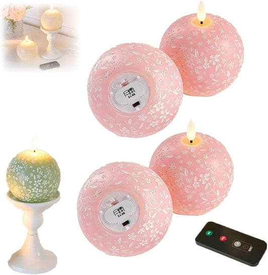 Flameless Spring Carved Spheres, Flameless LED Candles with Remote Control & 6-Hour Timer, Carved Sphere Design for Romantic Ambiance, Cozier Glow Candles for Valentine's Day, Wedding
