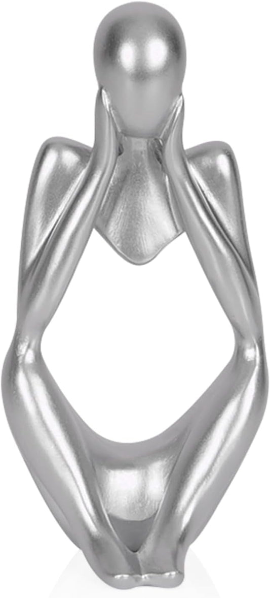 Sandstone Resin Thinker Style Abstract Sculpture Statue Collectible Figurines Home Office Bookshelf Desktop Decor (Small Silver, Focus)