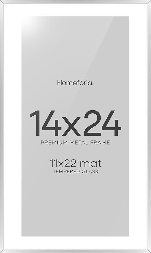 Homeforia 14x24 Picture Frame Silver, High End Metal 14x24 Frames with Mat 11x22 for Photo, 14 x 24 Silver Poster Frame Matted to 11 x 22 Print, 24x14 Hanging Frame, Tempered Glass, Wall Kit, Set of 1