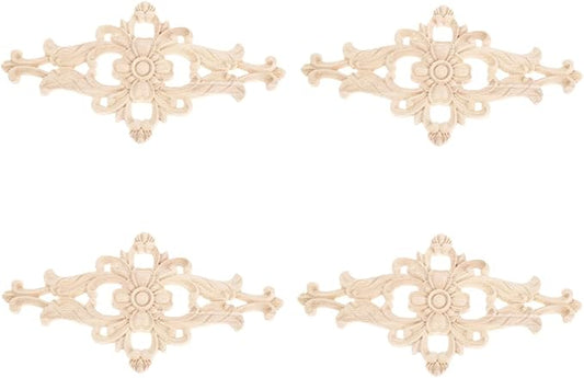 MUXSAM Wood Carved Appliques Furniture Decorative Onlays, 4Pcs Unpainted DIY Center Carving Decal for Door Wall Ceiling Cabinet Dresser Mirror Bed Mantel Bench Decoration, 27x14cm/10.63"x5.51"