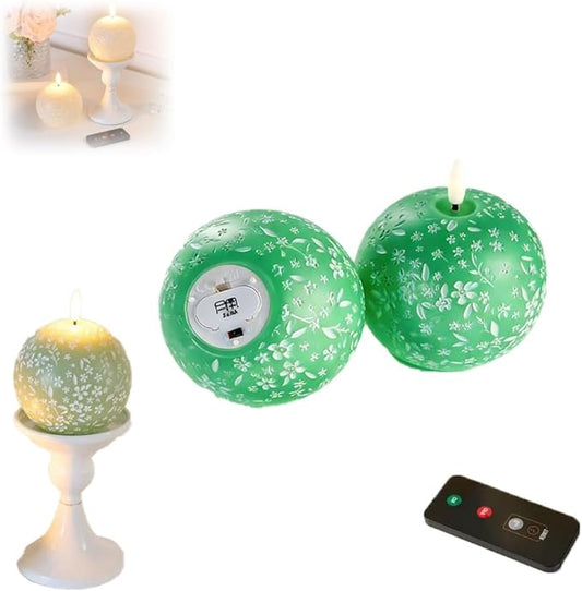 Flameless Spring Carved Spheres, Flameless LED Candles with Remote Control & 6-Hour Timer, Carved Sphere Design for Romantic Ambiance, Cozier Glow Candles for Valentine's Day, Wedding