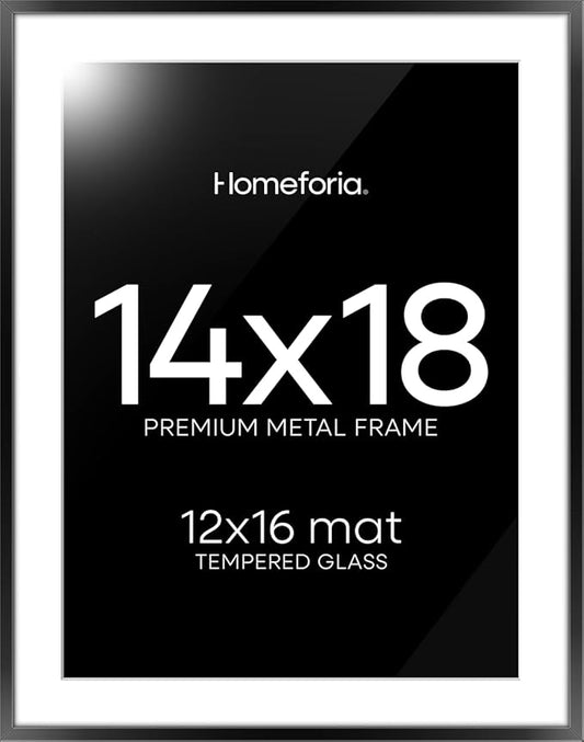 Homeforia 14x18 Picture Frame Black, High End Metal 14x18 Poster Frames with Mat 12x16 for Photo, 14 x 18 Black Frame Matted to 12 x 16 inch Print, 18x14 Thin Frame, Tempered Glass, Wall Kit, Set of 1