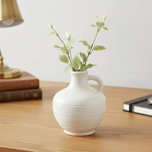 Sunddo White Ceramic Vase 6 Inch - Small Modern Flower Vase for Home Decor, Decorative Vases with Handle, Boho & Minimalist, Living Room Cabinet Table Centerpieces Wedding Beige