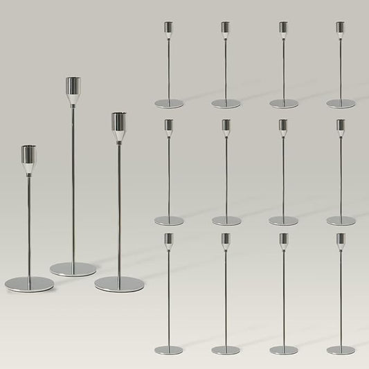 Solid Taper Candle Holders Set of 15 Bulk, Luxury Silver Long Skinny Candlestick (Heights: 9/11/13 Inch), Heavy Iron Anti-Slip Base for Fireplace Mantle Table Centerpiece Dining Decor