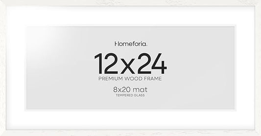 Homeforia 12x24 White Picture Frame, High End Oak 12x24 Wood Poster Frames with Mat 8x20 Photo, 12 x 24 White Wooden Frames Matted to 8 by 20, 24x12 Panoramic Frame, Tempered Glass, Wall Kit, Set of 1