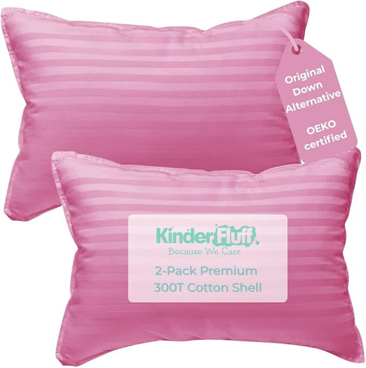 kinder Fluff Children Pillow (2-Pack) 13x18in– The Only 300TC Soft Cotton Pillow with Down Alternative Fill – Hypoallergenic, Machine Washable & Perfect for Kids 2+ Years- Pink- S