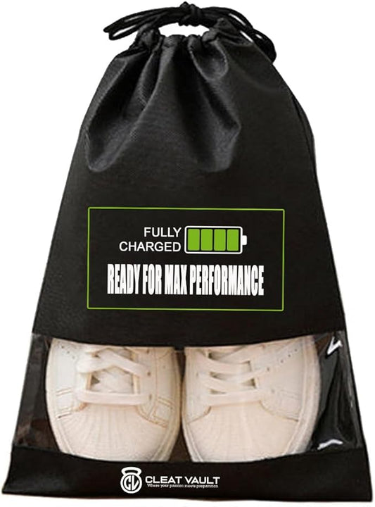 Generic Cleat Vault | High-Performance Sports Travel Shoe Storage Bag w/Motivation (Fully Charged, Black, Small (US Shoe Size Under 6))