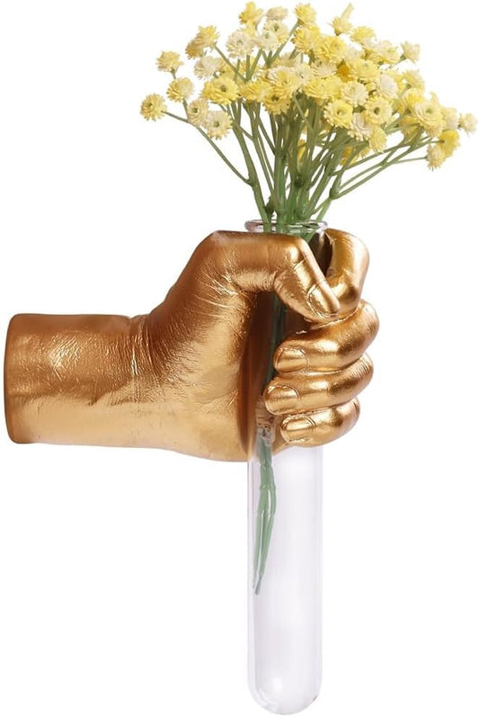 Gold Hand Vase, Wall Mounted Decor - Hanging Statue for Living Rooms & Entrance, Funky Art Sculpture Planter, Esculturas de Pared, Macetas Decorativas, Flower Tubes, Test Tubes for Plants