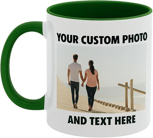 Personalized Coffee Mug | Custom Photo, Text, or Logo Cup (11oz, Forest Green Rim, Inner, and Handle) |Dishwasher & Microwave Safe |Unique Gift for Men & Women –Taza Personalizada
