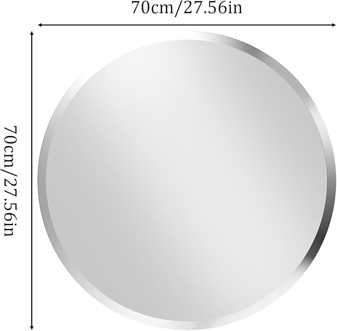 Frameless Round Wall Mirror: Decorative Mirrored Glass Vanity with Beveled Silver Edge for Bathroom Bedroom Livingroom Dining Room Entryway Hallway, 28 x 28 inch