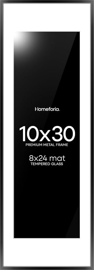 Homeforia 10x30 Picture Frame Black, High End Metal 10x30 Poster Frames with Mat 8x24 for Photo, 10 x 30 Black Frame Matted to 8 by 24 Print, 30x10 Panoramic Frames, Tempered Glass, Wall Kit, Set of 1
