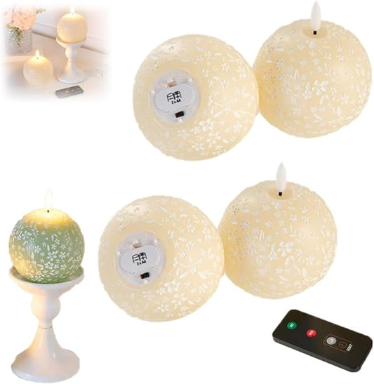 Flameless Spring Carved Spheres, Flameless LED Candles with Remote Control & 6-Hour Timer, Carved Sphere Design for Romantic Ambiance, Cozier Glow Candles for Valentine's Day, Wedding