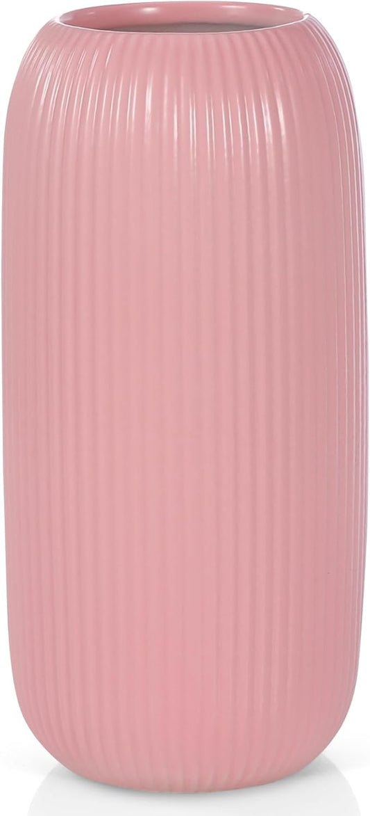 Ceramic Vase for Flowers – Modern Small Ribbed Textured Flower Vase for Home Decor, Pampas Grass, Decorative, Farmhouse, Coffee Table, Kitchen Centerpieces, Bookshelf and Home Living (Pink)