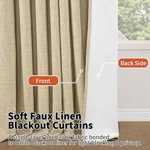 Lajode Blackout Curtains 54 Inch Length 2 Panels for Bedroom, Thermal Insulated Total Light Blocking Noise Reducing Linen Window Curtains for Farmhouse, Bronze Grommet, Burlap, Each 52" Wide