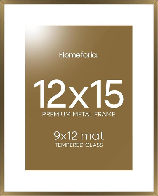 Homeforia 12x15 Picture Frame Bronze, High End Metal 12x15 Brass Poster Frames with Mat 9x12 Photo, 12 x 15 Bronze Frame Matted to 9 by 12 Print, 15by12 Thin Frames, Tempered Glass, Wall Kit, Set of 1