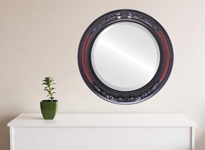 OVALCREST Round Beveled Wall Mirror for Home Decor - Florence Style - Rosewood - 18x18 Outside Dimensions